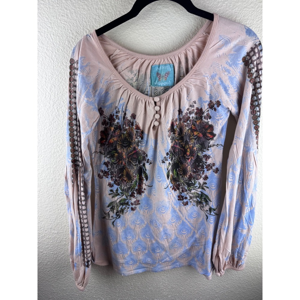 Vintage Y2K Butterfly Dropout Graphic Long Sleeve Top Women‎ S Boho Indie
